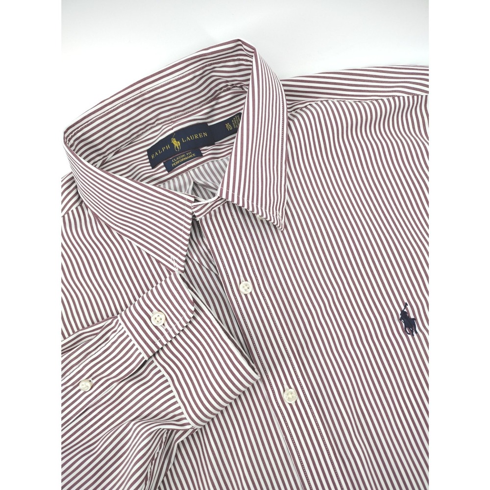Ralph Lauren Mens XL Classic Fit Performance Shirt Burgundy White Stripe L/S